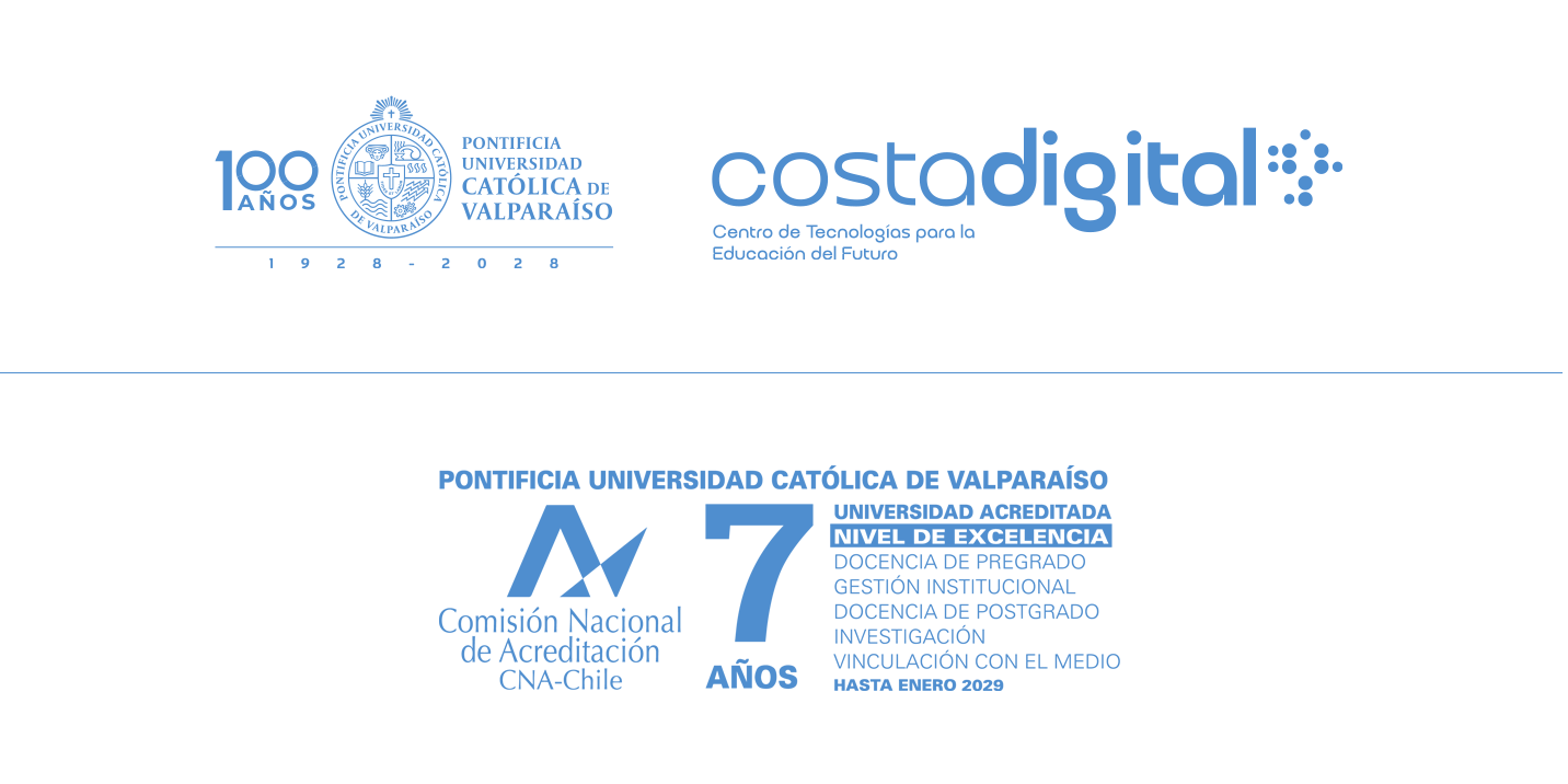 Pontificia Universidad Católica de Valparaíso, 100 años, 1928–2028. Costadigital, Centro de Tecnologías para la Educación del Futuro. Universidad acreditada nivel de excelencia por la Comisión Nacional de Acreditación CNA-Chile: 7 años en docencia de pregrado, gestión institucional, docencia de postgrado, investigación y vinculación con el medio, hasta enero 2029